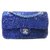 Classique Chanel Sac à main Cuir Tissu Satin Argenté Bleu Bleu Marine  ref.98361