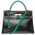 Hermès hermes kelly 32 restituito in pelle nera personalizzata con tracolla, Enchapes, bandoulière, lucchetto in coccodrillo verde e cerniera e campana Nero Pelli esotiche  ref.171534