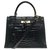 Hermès hermes kelly 28 in fir green Porosus crocodile customized with strap, Handle,zipper and bell in black crocodile Dark green Exotic leather  ref.189178