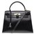 Splendide Hermès Kelly 32 sellier avec bandoulière en cuir box noir customisé avec crocodile noir, garniture en métal plaqué or Cuirs exotiques  ref.200731