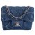 Classique Chanel Sac à main carré en denim bleu à rabat simple et matériel en argent brillant Jean  ref.235905