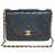 Timeless Superb and original Chanel Classique handbag 23cm in navy blue quilted leather with red piping and gold metal hardware  ref.257086