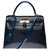 Hermès Exceptionnel Kelly 28 sellier bandoulière en cuir box bleu customisé avec du crocodile, garniture en métal plaqué or Bleu Marine  ref.277577