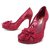 CHANEL SHOES CAMELIA LACE PUMPS 38 IN RED SATIN LACE SHOES  ref.311463