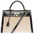 Hermès Atemberaubende Hermes Kelly Handtasche 35 cm in schwarzem Kastenleder und beigem Canvas, garniture en métal doré Leinwand  ref.320223