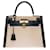 Hermès Seltene Hermes Kelly Handtasche 28 Schabracke aus dunkelblauem Boxleder und beigem Canvas, vergoldete Metallverkleidung Leinwand  ref.361614