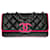 Très beau Sac à main Chanel Classique flap bag style Enveloppe en cuir d’agneau matelassé bi-color noir et rose fluo, garniture en métal argenté  ref.573039