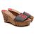 Chanel Sandali con zeppa CC in tela a righe blu corallo Marrone Beige