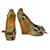Lanvin Sake Pattern Canvas High Cork Heel Wedges Platform Peep Pumps Shoes 40 Brown Leather  ref.1000300
