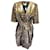 Autre Marque Sara Battaglia Gold Metallic / Black Leopard Printed Wrap Dress Golden Polyester  ref.987476