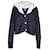 Cardigan in maglia a trecce con collo in popeline decorato corto Ganni in lana blu navy  ref.1015217