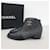 Chanel Botins de couro preto com logotipo CC de lã e tornozelo Cinza antracite  ref.1027463