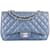 Bolsa Chanel perfurada única crossbody prateada com aba Azul Lona  ref.1176422