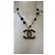Collana Chanel con perle e pendente CC in tweed dorato D'oro - vista 4