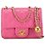 Chanel Mini Quadrado Rosa Clássico em Couro de Cordeiro com Pérolas e Fecho Simples