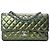 Timeless Chanel Medium Double Flap Tasche aus grünem gestreiftem Lackleder, zeitloser Klassiker mit silberner Hardware Khaki Anthrazitgrau Dunkelgrün