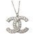 Chanel Silber CC Messing Anhänger-Halskette mit Strass und Kunstperlen