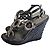 Céline Sandali con zeppa neri in pelle e corda con anelli metallizzati Nero Metallico