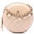 Borsa a tracolla rotonda Chanel in pelle di vitello beige con cuciture, logo, strass e catena di perle