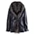 Manteau en cuir noir Yves Saint Laurent avec bordure en renard argenté  - vue 1