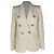 Balmain Double-Breasted Fray-Trimmed Blazer in Ivory Wool White Cream