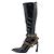 Fendi Botas largas para mujer en cuero charol negro con correa FF Logo