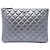 Clutch Chanel Medium Quilted Metallic Lambskin O Case Silver Argento