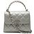 Chanel Mini CC Metallic Lambskin Top Handle Clutch con catena, argento