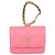 Tarjetero Chanel de piel acolchada rosa con gancho CC