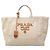 Prada Triangle Logo Plate Tote Bag Beige Cream
