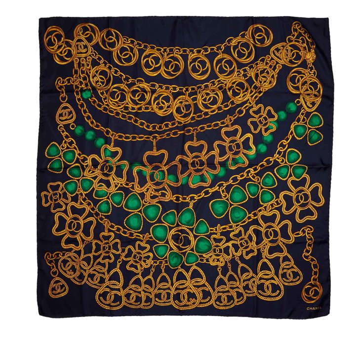 Chanel Chain Print Silk Scarf Blue Multiple colors Navy blue Cloth ref ...