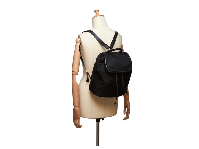 Céline Nylon Drawstring Backpack Black Leather Cloth ref.114978 Joli