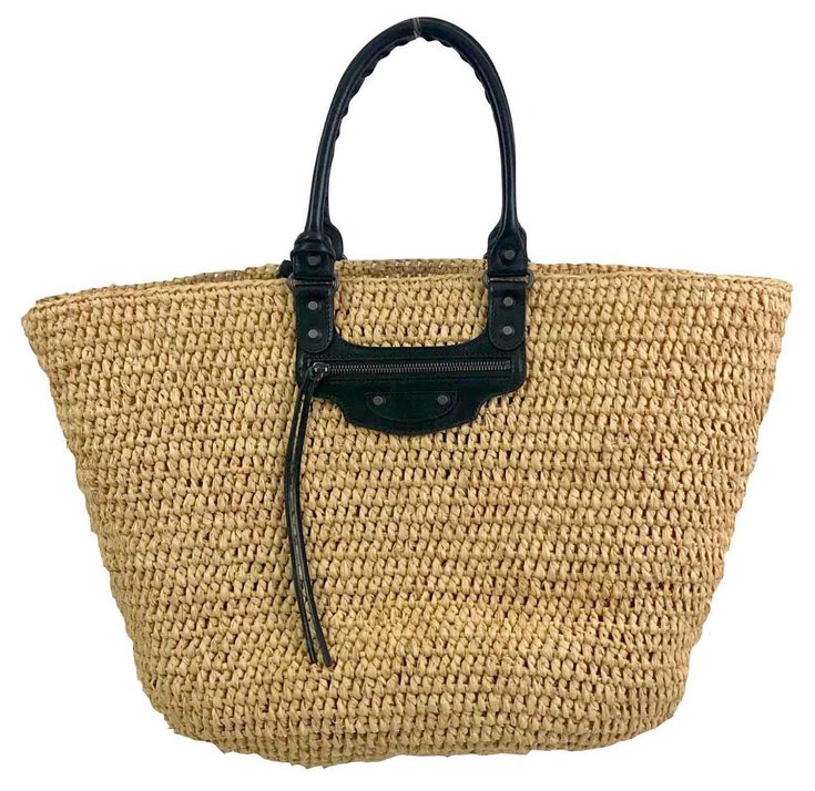 Balenciaga Basket Bag in raffia and leather Black Straw ref.127228 ...