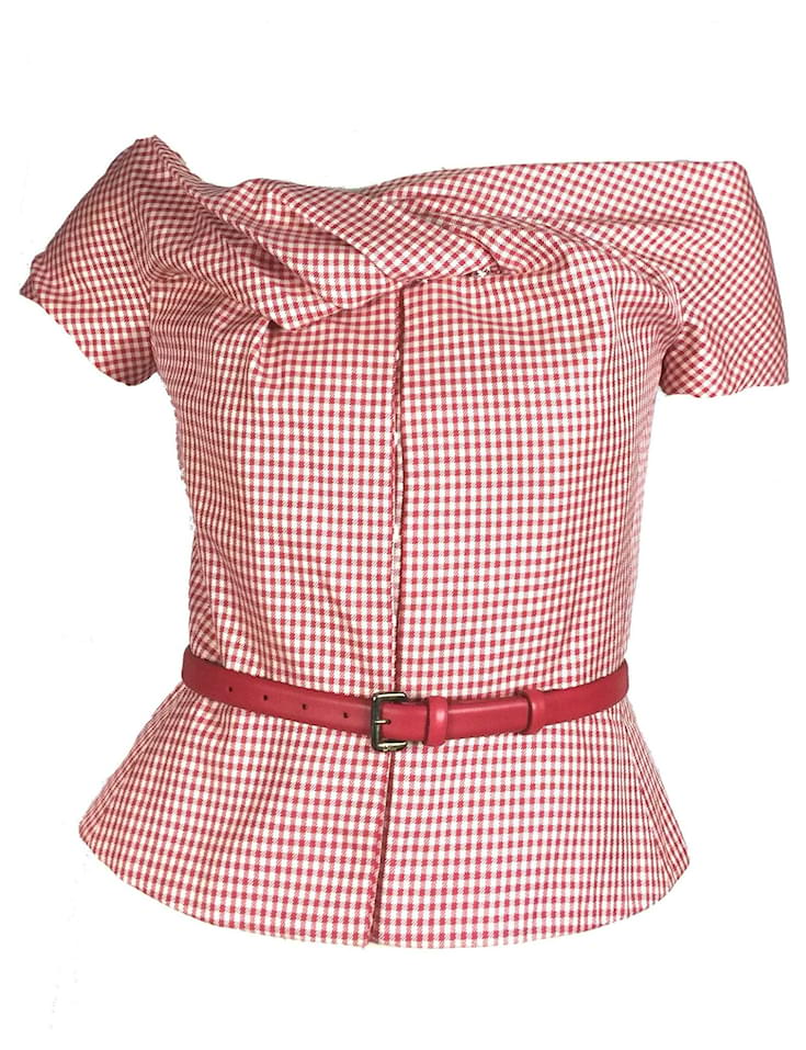 Christian Dior Gingham silk wool corset top with leather belt White Red ...