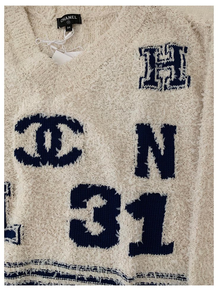 Chanel Varsity Iconic Logo Pullover Sweater Size 34 Beige Cotton ref ...