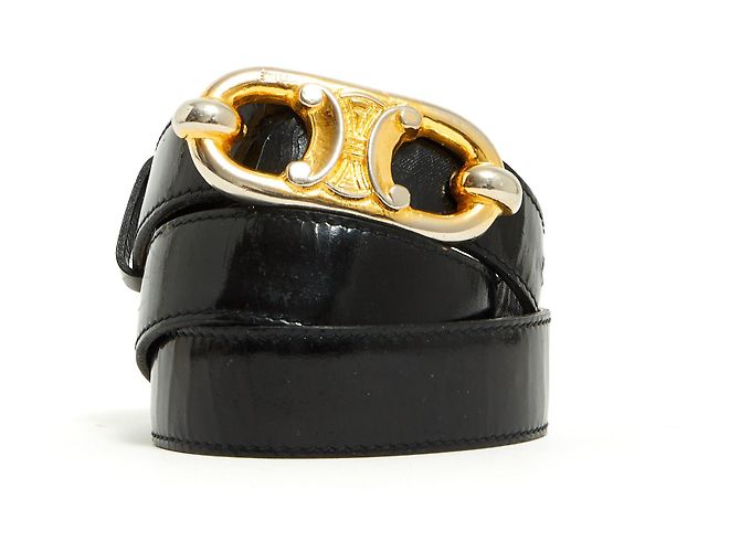 Ceinture Céline Triomphe En Cuir Noir - Boucle Logo Dorée, Taille 75 Cm XS - Occasion Excellent état