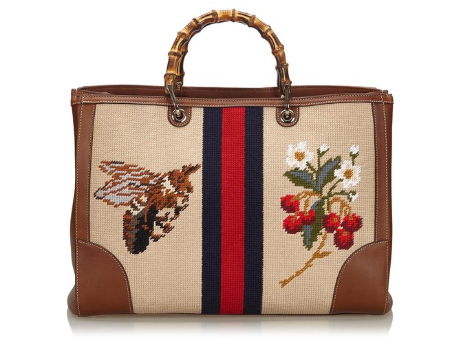 Gucci Brown Bamboo Needlepoint Canvas Satchel Multiple colors Beige