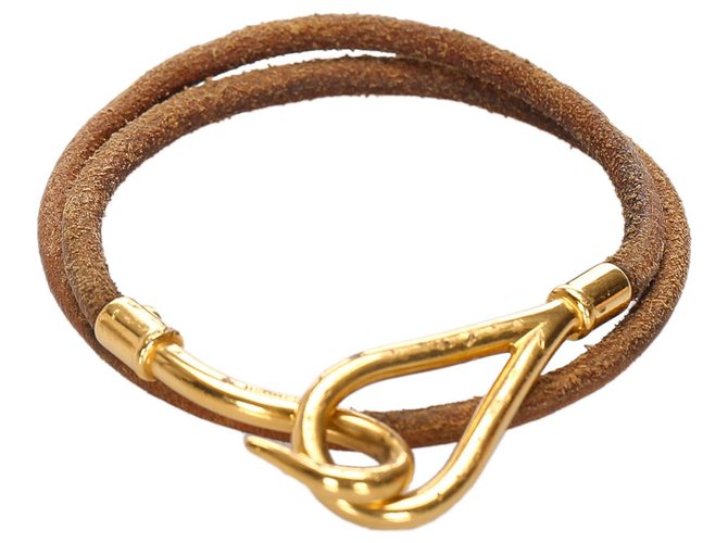 Hermès - Bracelet crochet en cuir marron clair et métal doré