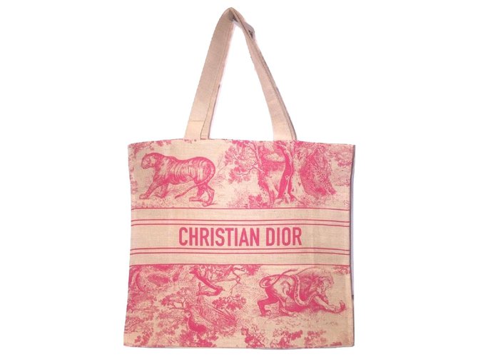 DIOR toile de jouy tote bag Red Beige Linen ref.235219 Joli Closet
