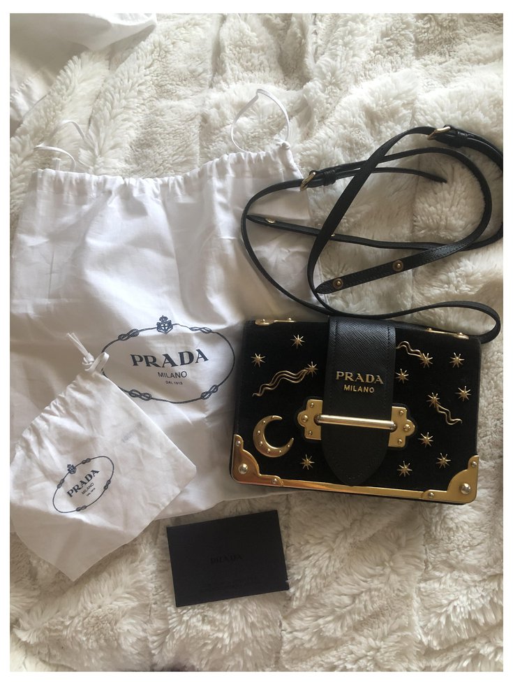 Prada Cahier Astrology Bag Black Leather Velvet ref.248422 - Joli Closet