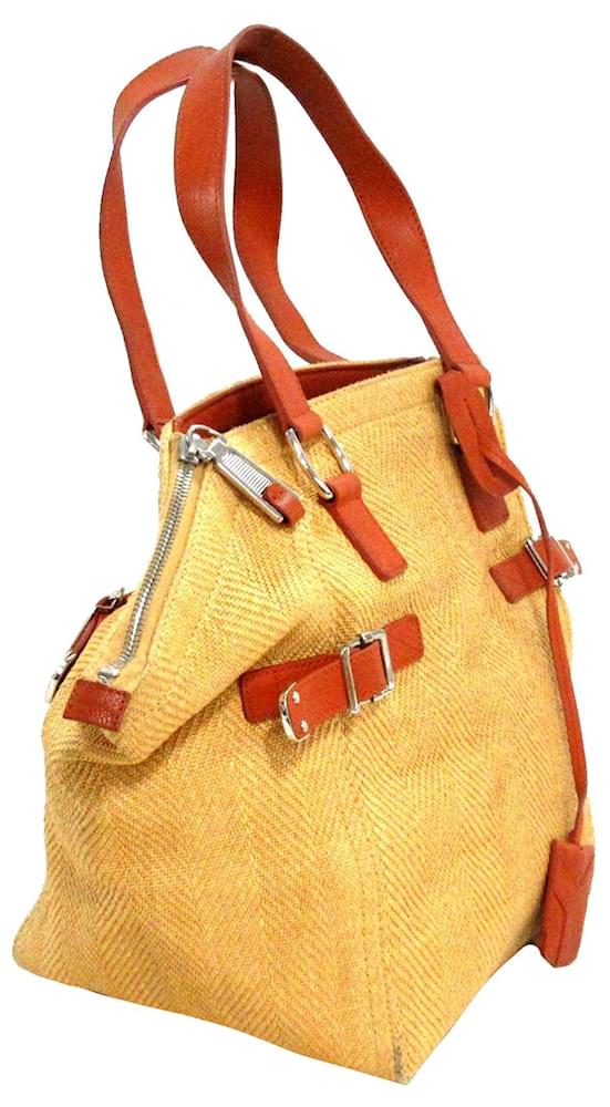 Yves Saint Laurent YSL Brown Downtown Straw Tote Bag Red Light brown
