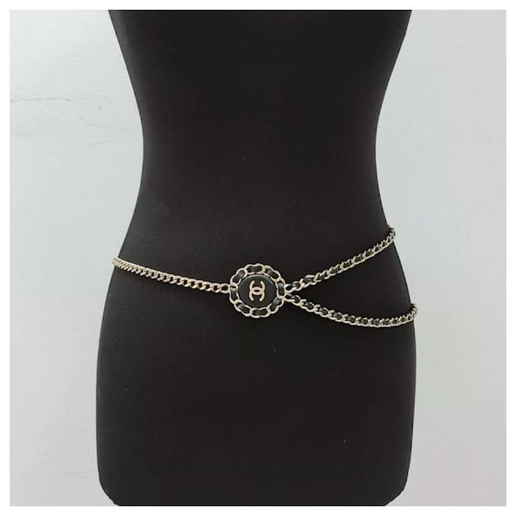 CHANEL B16 Interwoven Leather Chain CC Logo Necklace/Belt Black Golden ...