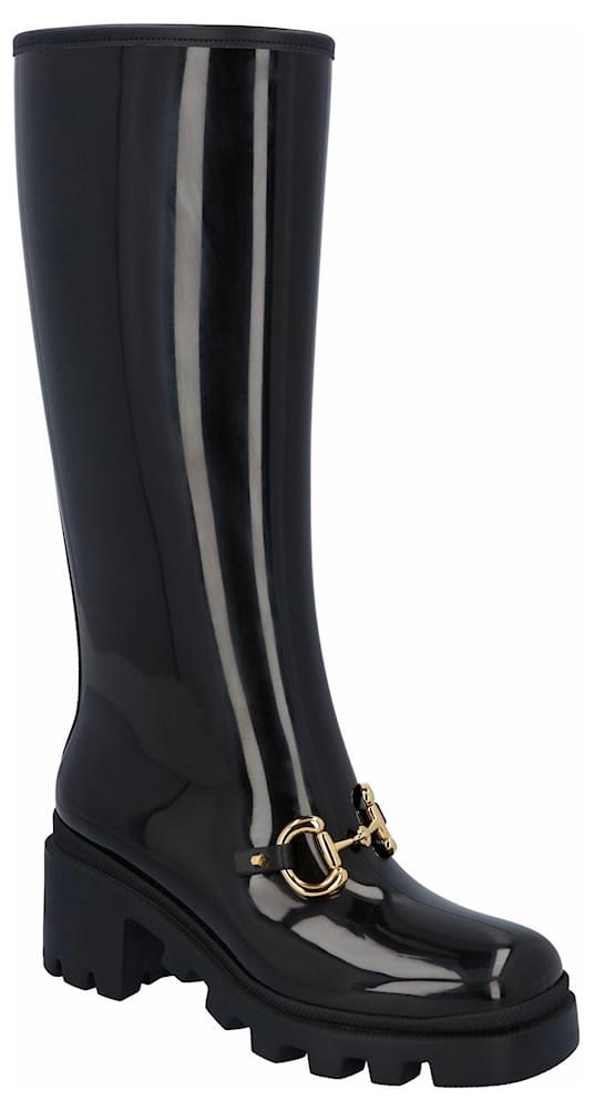 Gucci Women Knee-High Rubber Boot With Horsebit In Black Leather ref ...