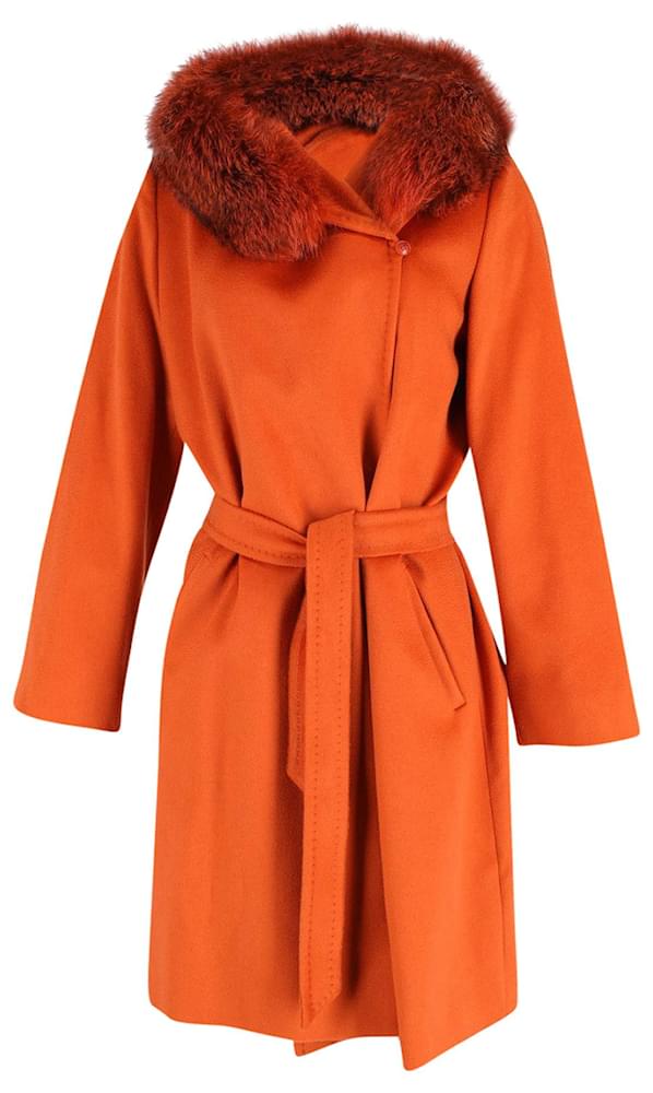 Max Mara Fur Trimmed Wrap Coat in Orange Lana Vergine Wool ref.614431 ...