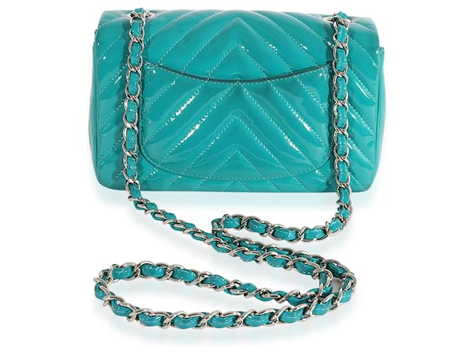 Chanel Teal Chevron Quilted Patent Leather Mini Rectangular Classic