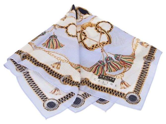 Foulard Céline Paris En Soie - Motif Chevaux - Couleur Beige - Occasion