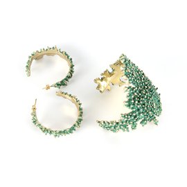 inconnue-Parure bracelet + boucles d'oreilles en forme de branche de corail-Bleu,Doré,Vert
