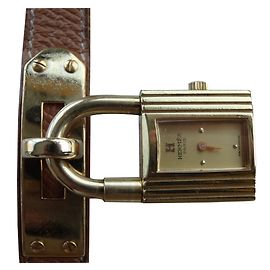 Relógio Hermès Kelly Caixa de Cadeado Ouro Couro Barenia Marrom Marrom