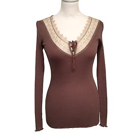 Top de seda Pinko taupe com decote em renda dourada Outro