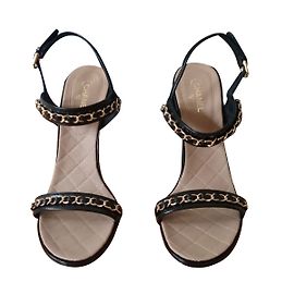 Chanel leather sandals with gold chains, Size 38 Black